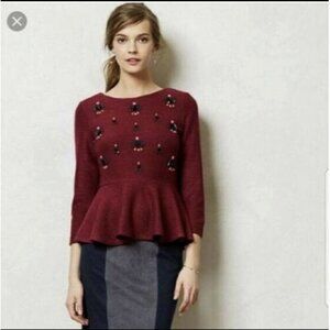 Anthropologie Dolce Vita Burgundy Beaded Gem Drop Peplum Sweater S